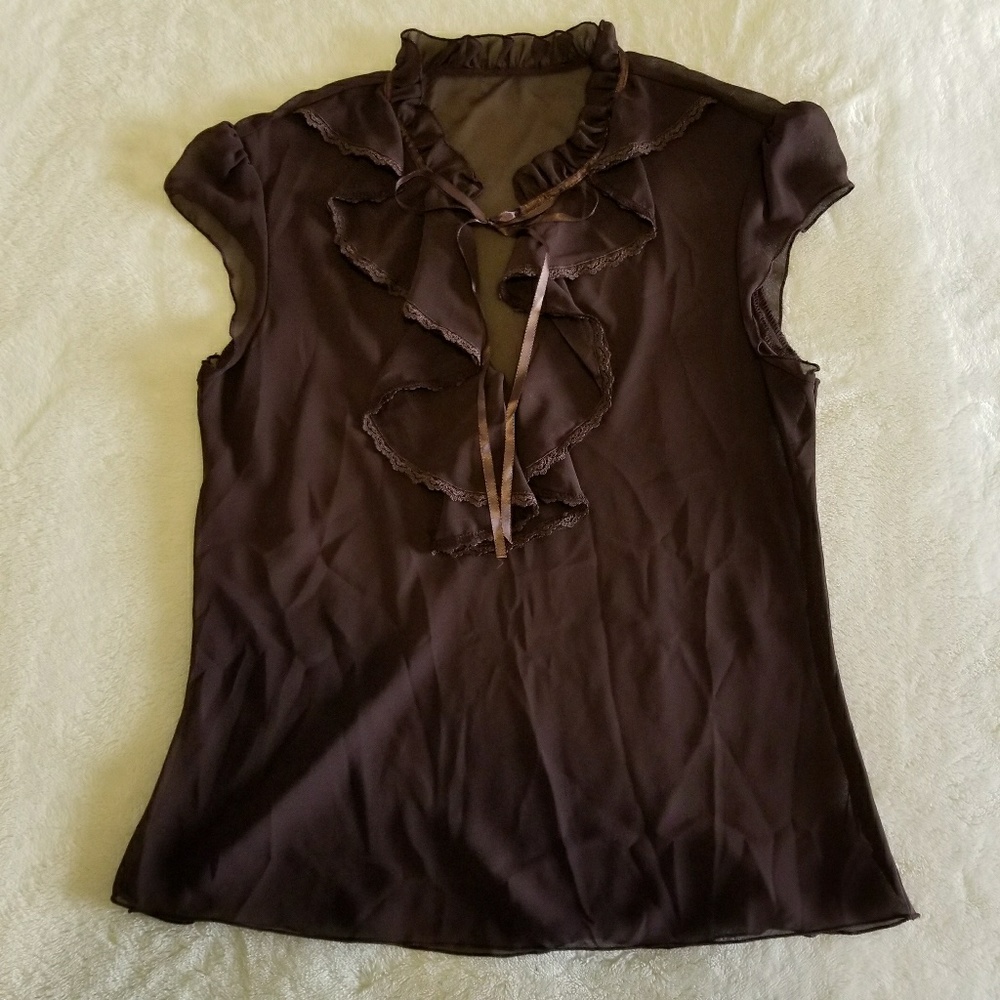 Sheer Ruffle Front Blouse, Chocolate Brown
